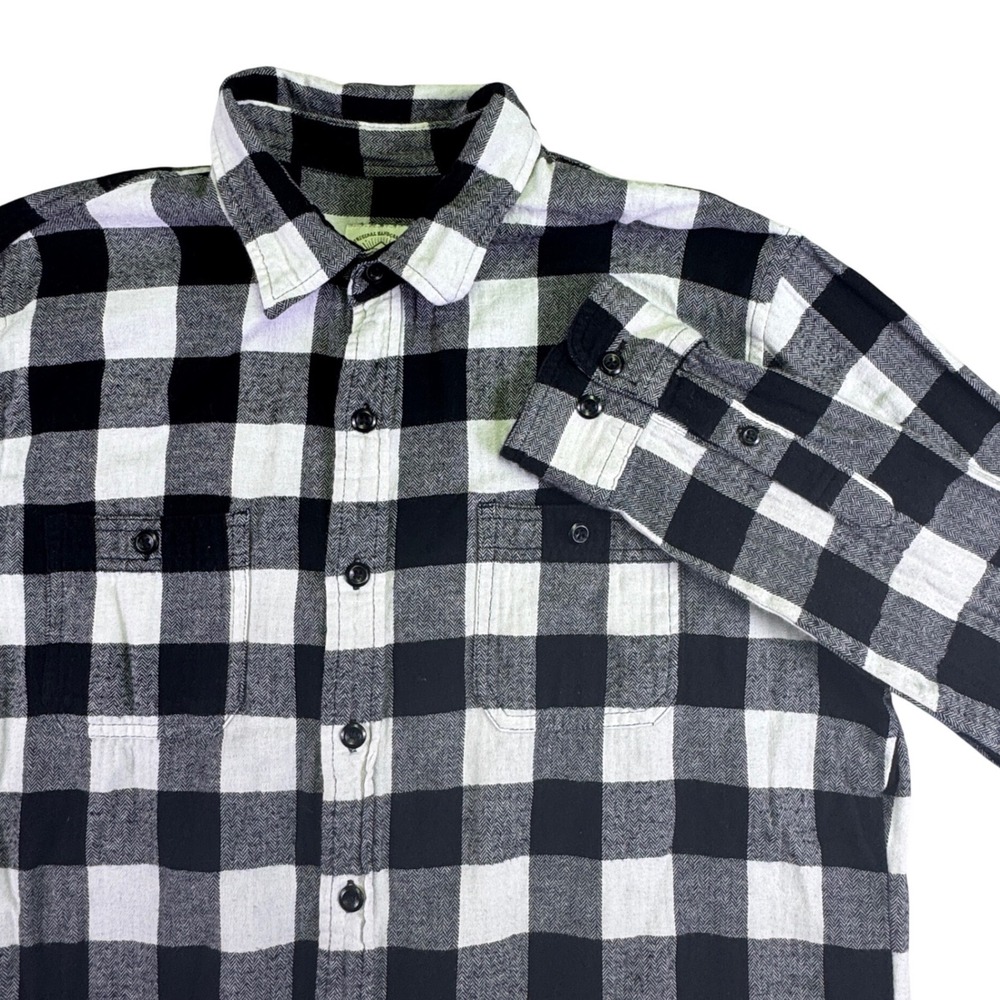 True Craft Mens Buffalo‎ Plaid Flannel Shirt Black White Herringbone Cotton L